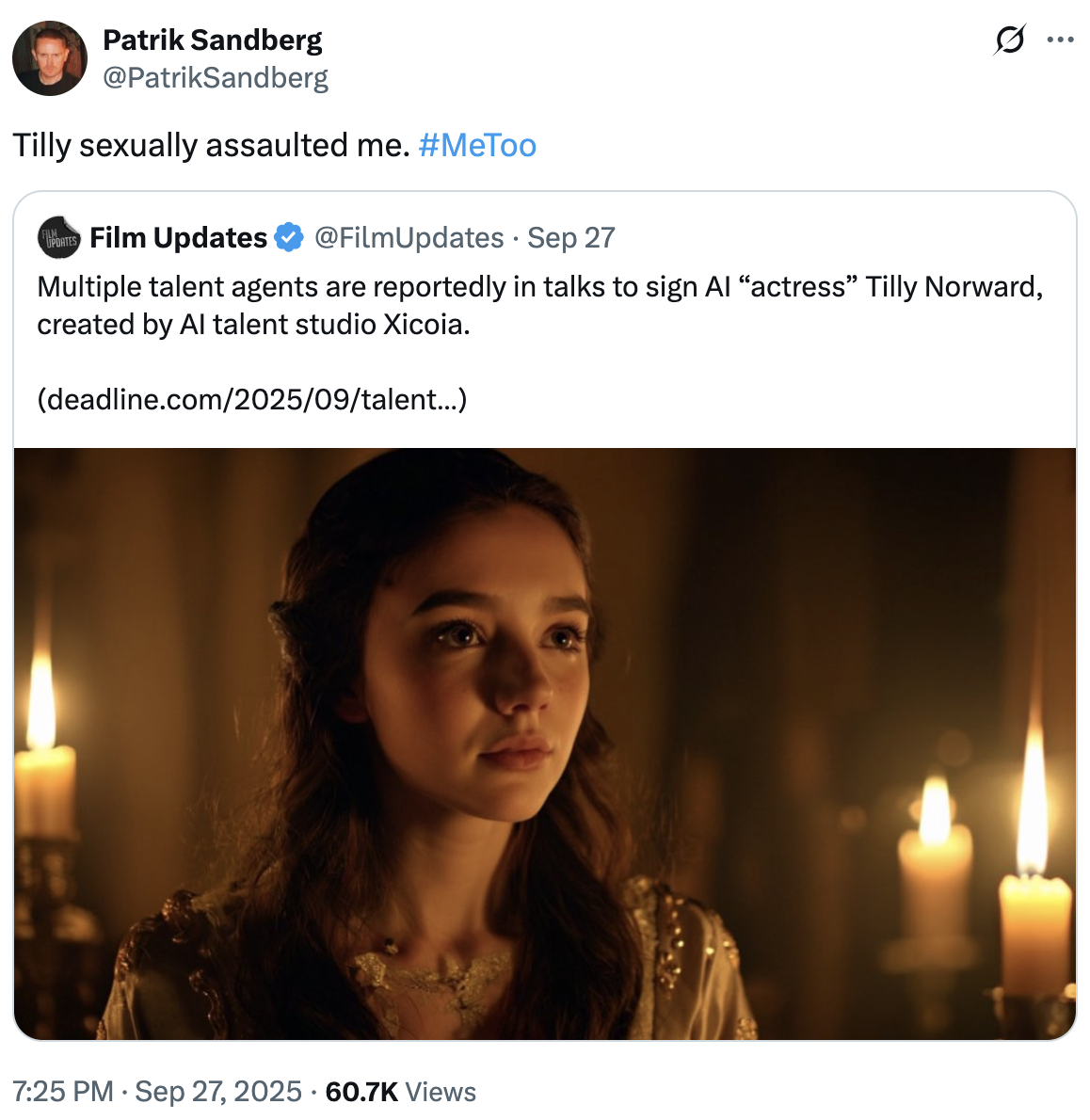 A "quote-tweet":https://knowyourmeme.com/memes/quote-retweets-qrts about Tilly Norwood, an "AI":https://knowyourmeme.com/memes/cultures/ai-artificial-intelligence actress, launched in September 2025 by the "British":https://knowyourmeme.com/memes/british-people-briish "AI talent studio" Xicoia.
