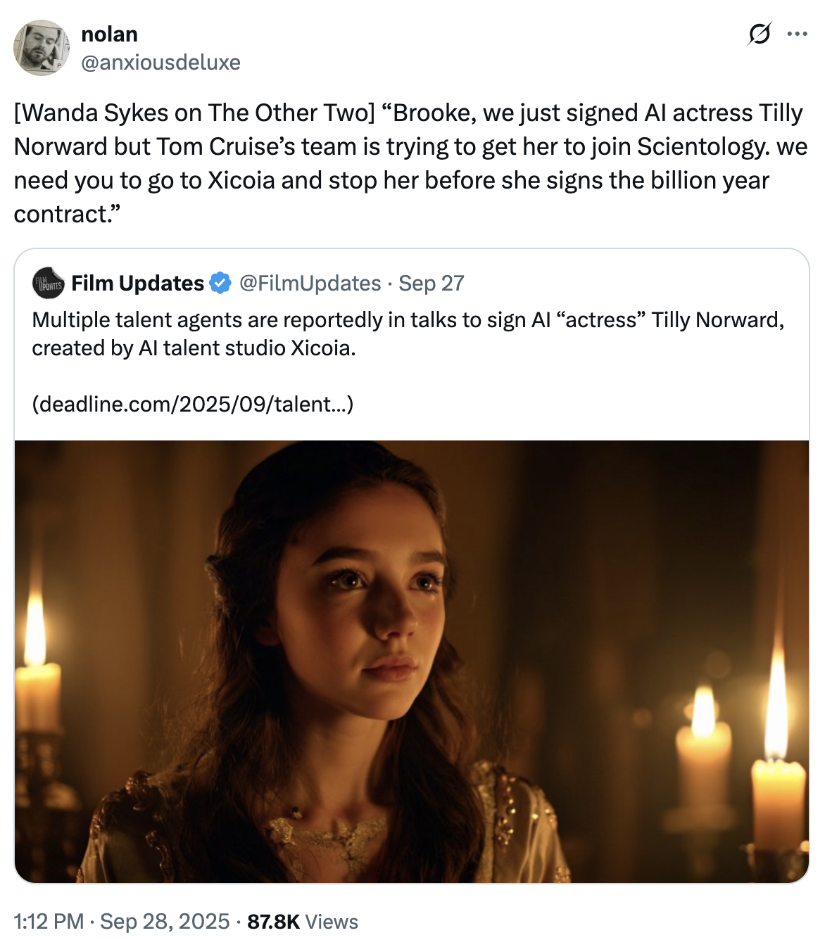 A "quote-tweet":https://knowyourmeme.com/memes/quote-retweets-qrts about Tilly Norwood, an "AI":https://knowyourmeme.com/memes/cultures/ai-artificial-intelligence actress, launched in September 2025 by the "British":https://knowyourmeme.com/memes/british-people-briish "AI talent studio" Xicoia.