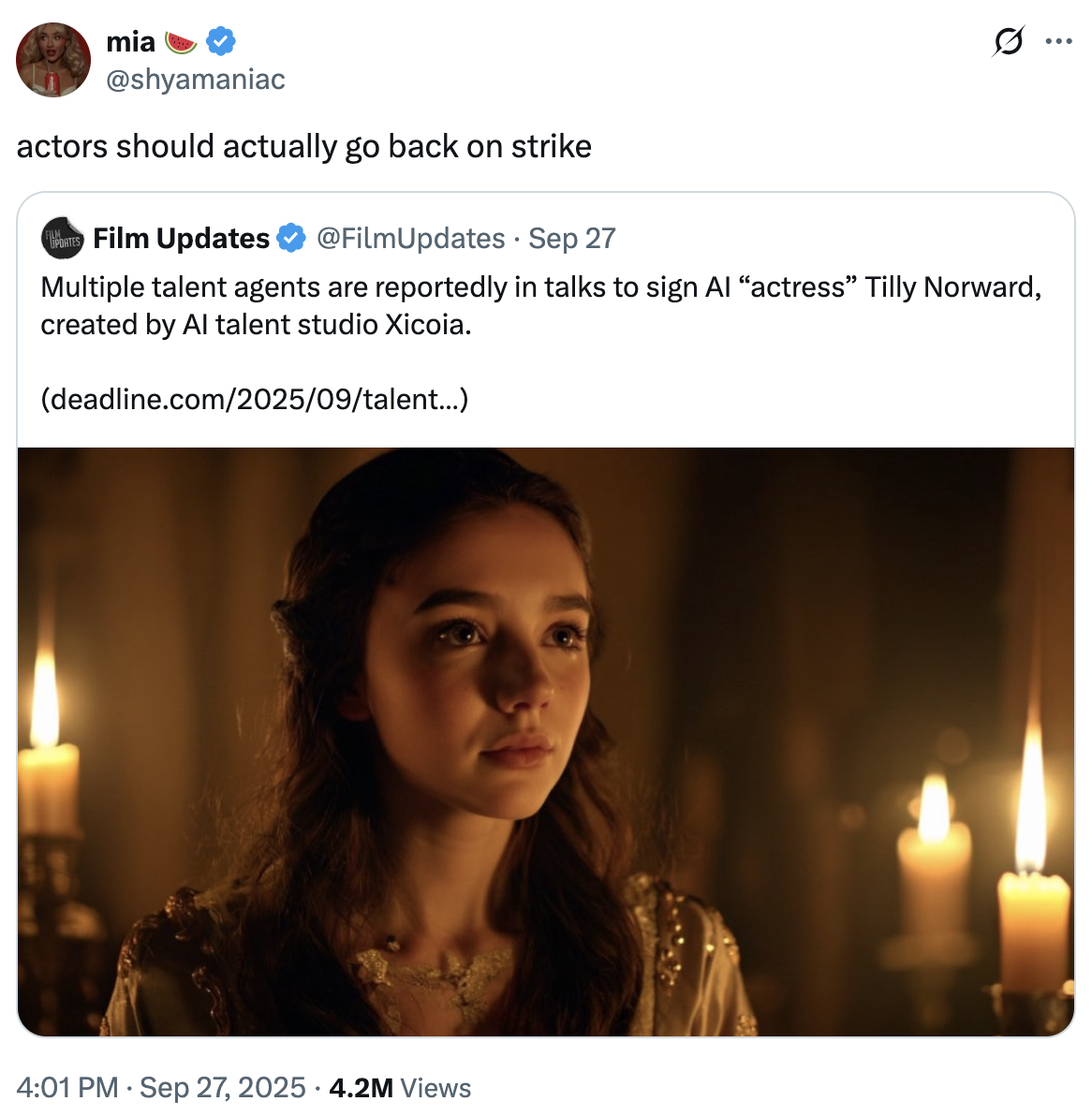 A "quote-tweet":https://knowyourmeme.com/memes/quote-retweets-qrts about Tilly Norwood, an "AI":https://knowyourmeme.com/memes/cultures/ai-artificial-intelligence actress, launched in September 2025 by the "British":https://knowyourmeme.com/memes/british-people-briish "AI talent studio" Xicoia.