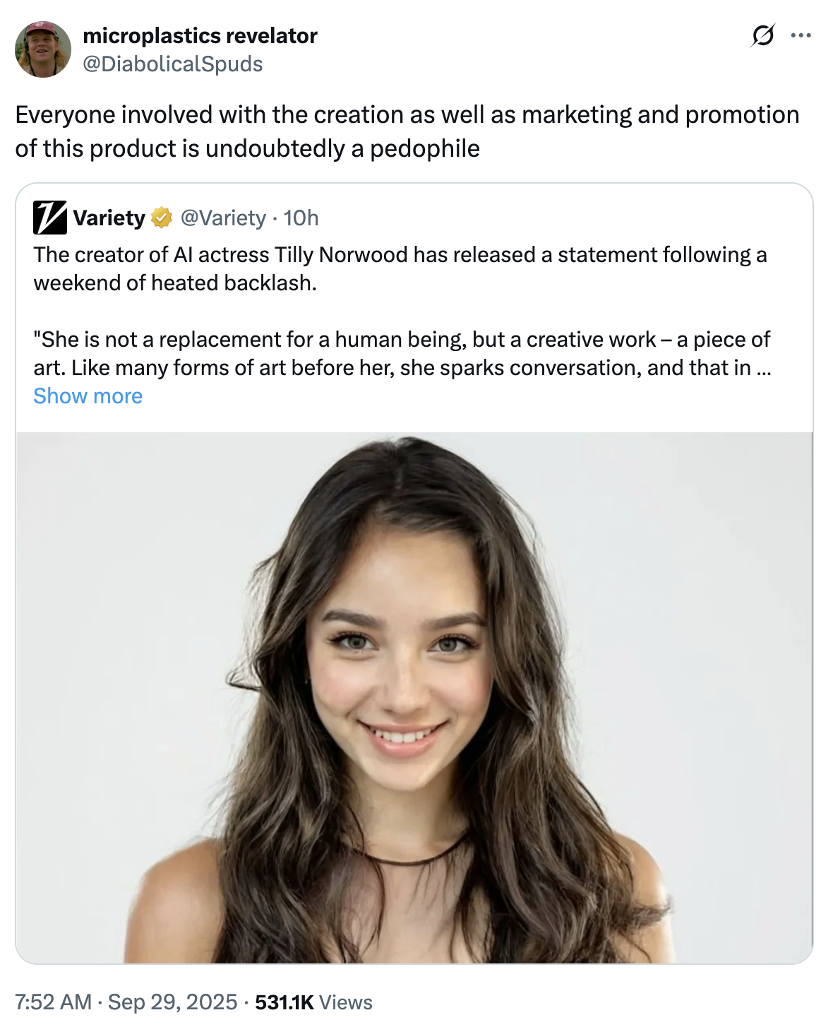 A "quote-tweet":https://knowyourmeme.com/memes/quote-retweets-qrts about Tilly Norwood, an "AI":https://knowyourmeme.com/memes/cultures/ai-artificial-intelligence actress, launched in September 2025 by the "British":https://knowyourmeme.com/memes/british-people-briish "AI talent studio" Xicoia.