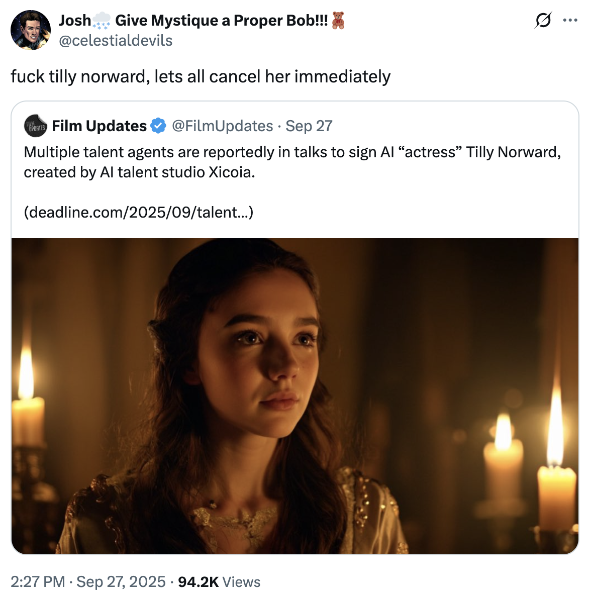 A "quote-tweet":https://knowyourmeme.com/memes/quote-retweets-qrts about Tilly Norwood, an "AI":https://knowyourmeme.com/memes/cultures/ai-artificial-intelligence actress, launched in September 2025 by the "British":https://knowyourmeme.com/memes/british-people-briish "AI talent studio" Xicoia.