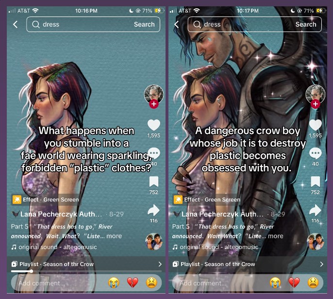 Screenshots of a TikTok post about the book "The Company of Vengeful Crows." The videos starts with an image of Blake Hartley, one of the book's protagonists and love interest of protagonist River, under the caption, "What happens when you stumble into a fae world wearing sparkling, forbidden 'plastic' clothes?" River then appears from the right side of the screen and holds Blake from behind, his hand on her breast, under the caption, "A dangerous crow boy whose job is to destroy plastic becomes obsessed with you."