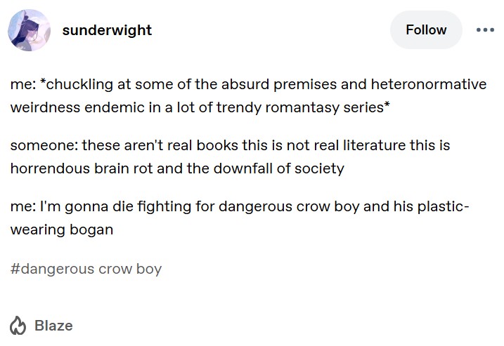 sunderwight Follow me: *chuckling at some of the absurd premises and heteronormative weirdness endemic in a lot of trendy romantasy series* someone: these aren't real books this is not real literature this is horrendous brain rot and the downfall of society me: I'm gonna die fighting for dangerous crow boy and his plastic- wearing bogan #dangerous crow boy Blaze