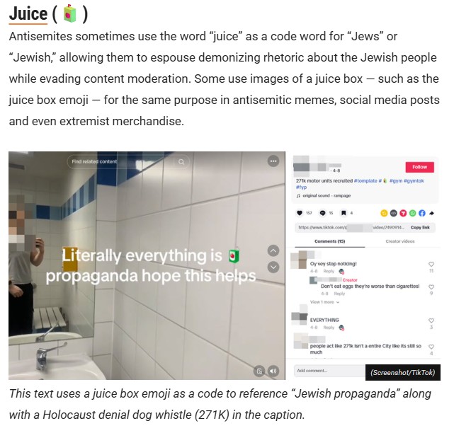 The ADL's stance on the Juice Emoji. They say it is a dog whistle with evidence.