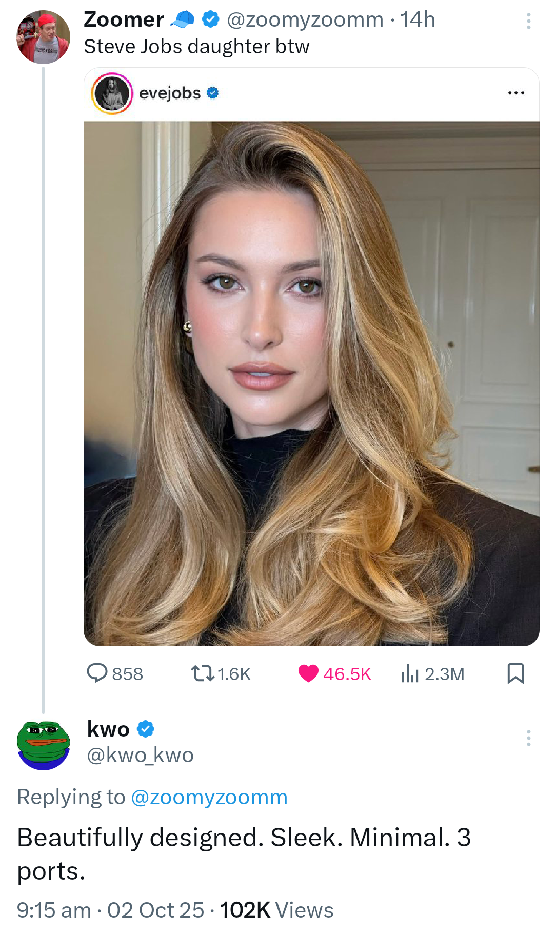 USIC BAND Zoomer ❤ @zoomyzoomm. 14h Steve Jobs daughter btw evejobs ❤ 858 11.6K 46.5K Ilil 2.3M ☐ kwo @kwo_kwo Replying to @zoomyzoomm Beautifully designed. Sleek. Minimal. 3 ports. 9:15 am 02 Oct 25 102K Views