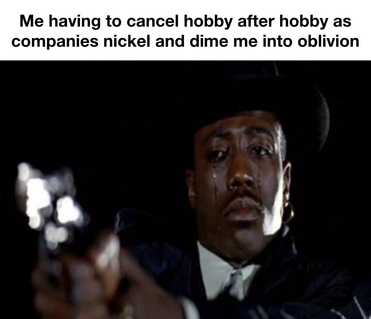 Me having to cancel hobby after hobby as companies nickel and dime me into oblivion