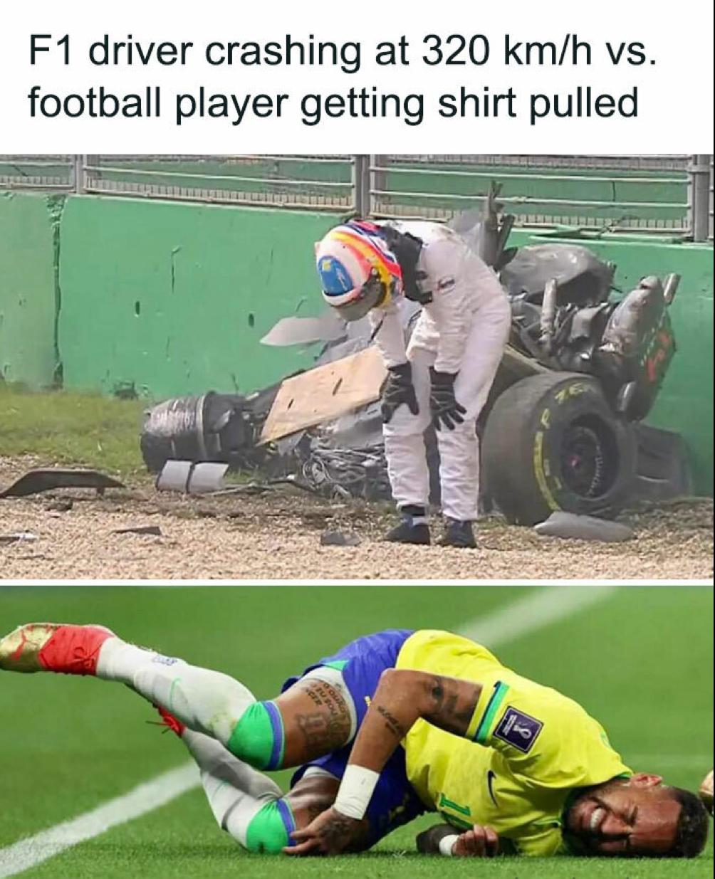 F1 driver crashing at 320 km/h vs. football player getting shirt pulled