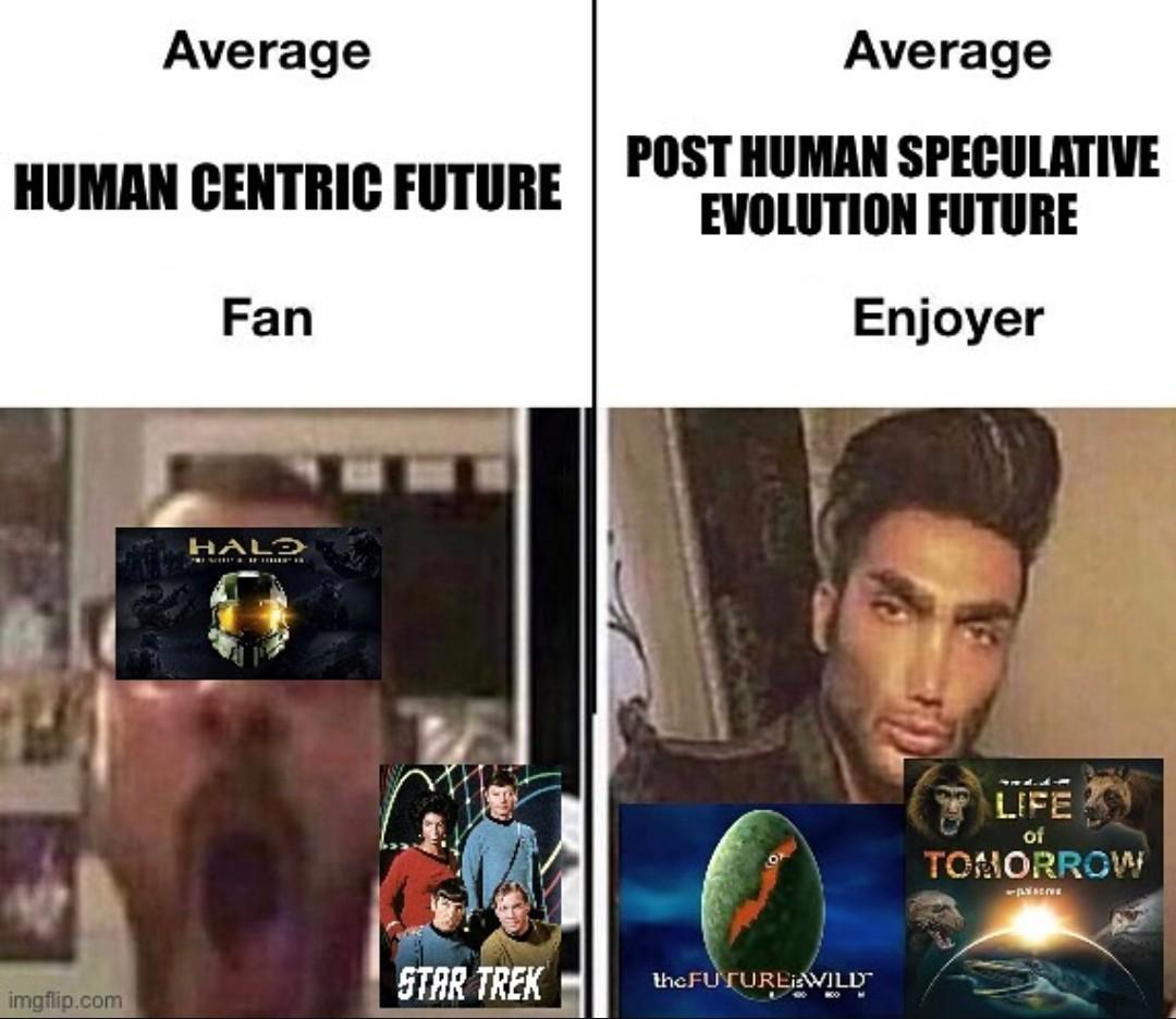 Average HUMAN CENTRIC FUTURE Fan Average POST HUMAN SPECULATIVE EVOLUTION FUTURE Enjoyer HALD STAR TREK the FUTURE WILD imgflip.com LIFE of TOMORROW Sp