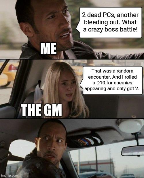 imgflip.com ME 2 dead PCs, another bleeding out. What a crazy boss battle! THE GM That was a random encounter. And I rolled a D10 for enemies appearing and only got 2.