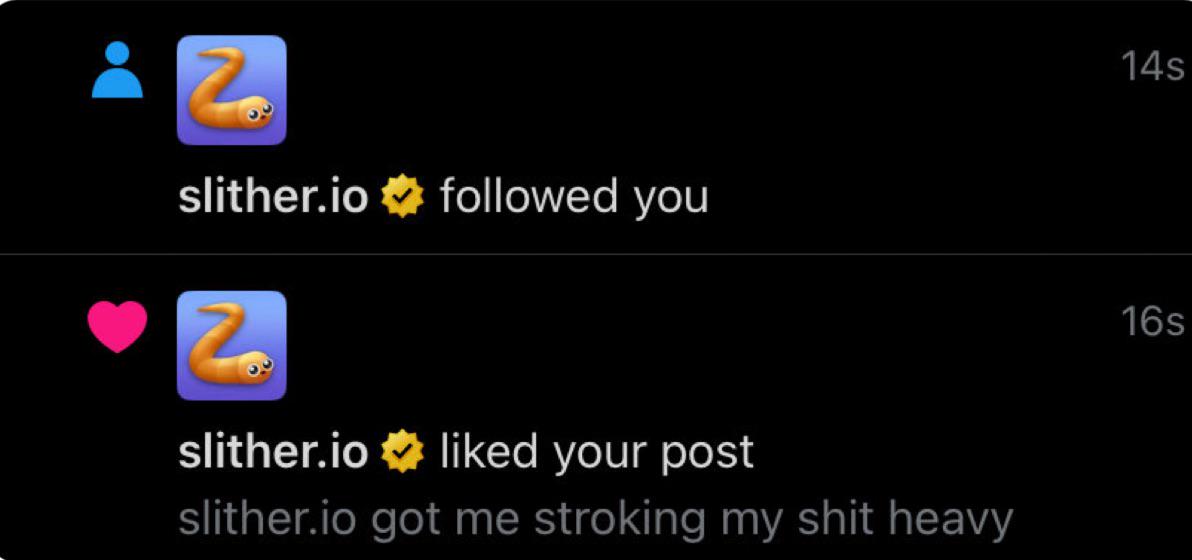 slither.io followed you slither.io liked your post slither.io got me stroking my s--- heavy 14s 16s