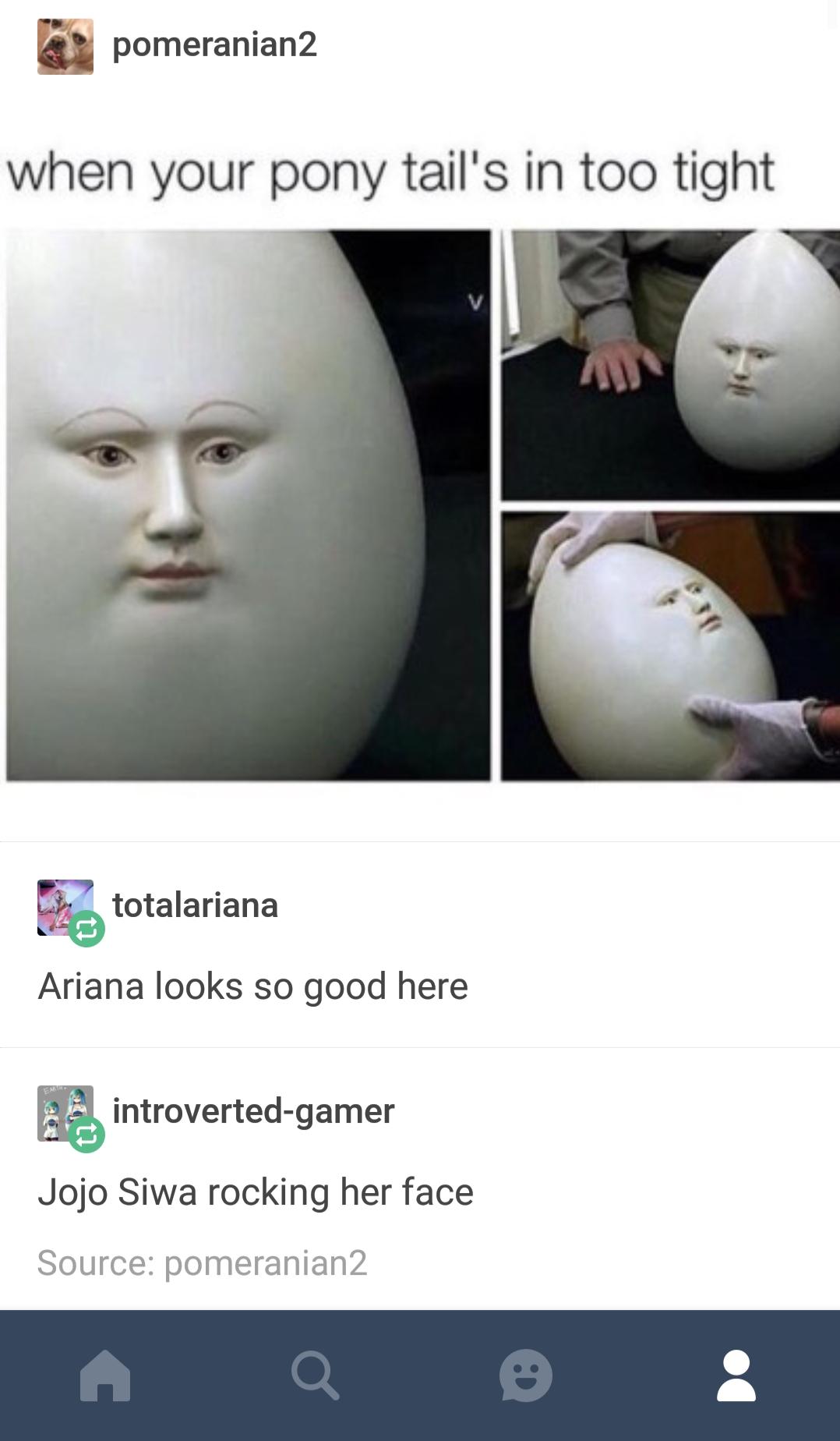 A Tumblr post comparing JoJo Siwa's face to an egg.