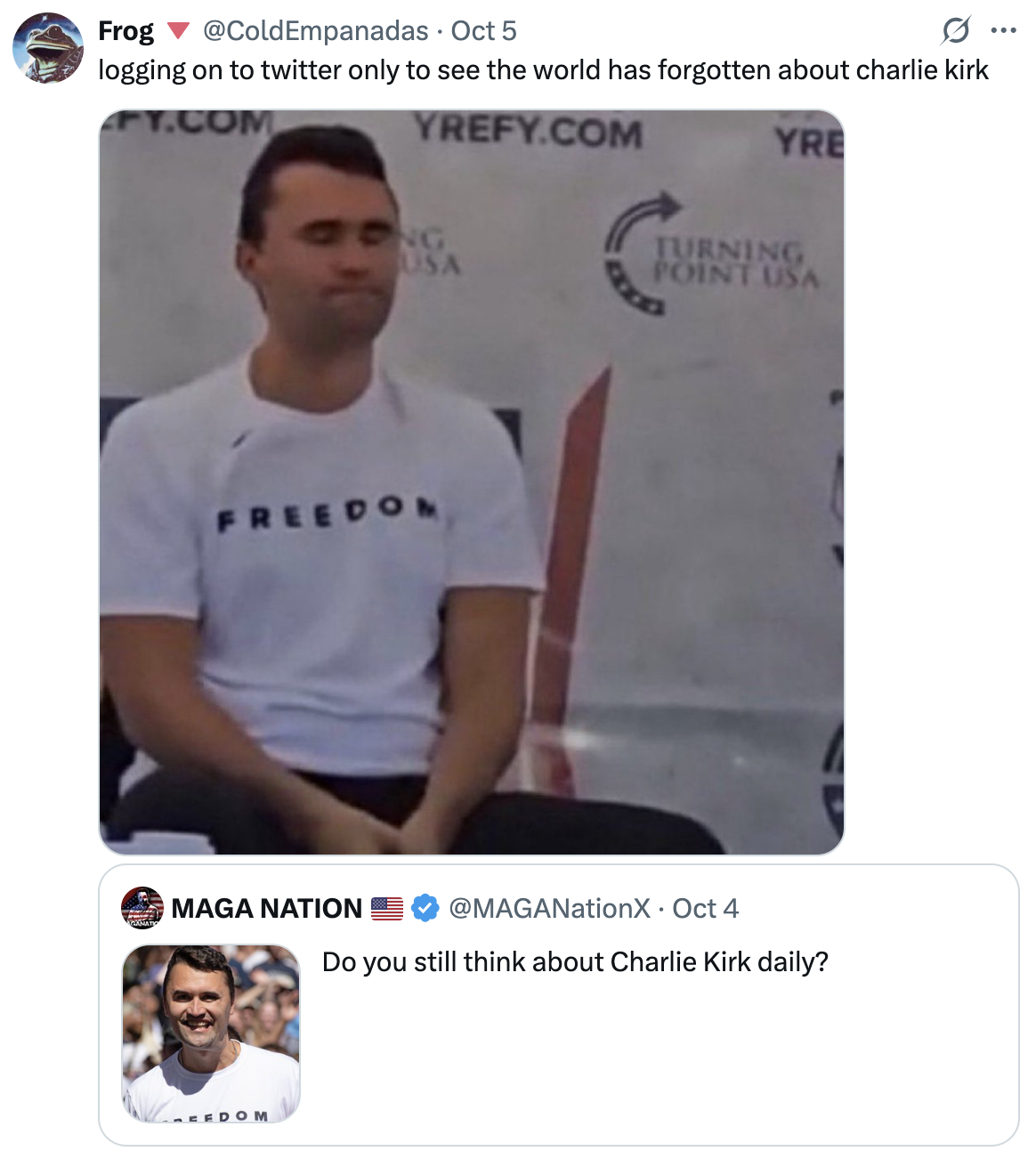 A "tweet":https://knowyourmeme.com/memes/sites/twitter-x using the image of "Charlie Kirk":https://knowyourmeme.com/memes/people/charlie-kirk with his eyes closed moments before he "was shot and killed at Utah Valley University":https://knowyourmeme.com/memes/events/charlie-kirk-shooting-at-utah-valley-university in September 2025. The image became a controversial "reaction image":https://knowyourmeme.com/memes/reaction-images on "Twitter / X":https://knowyourmeme.com/memes/sites/twitter-x in the following weeks.