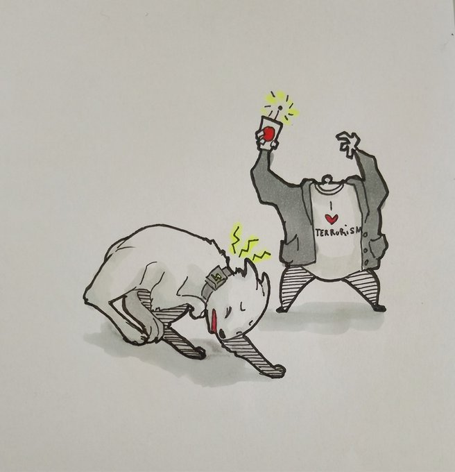 Artwork by tiniestyam. The art shows Hasan Piker activating a shock collar on his dog Kaya.