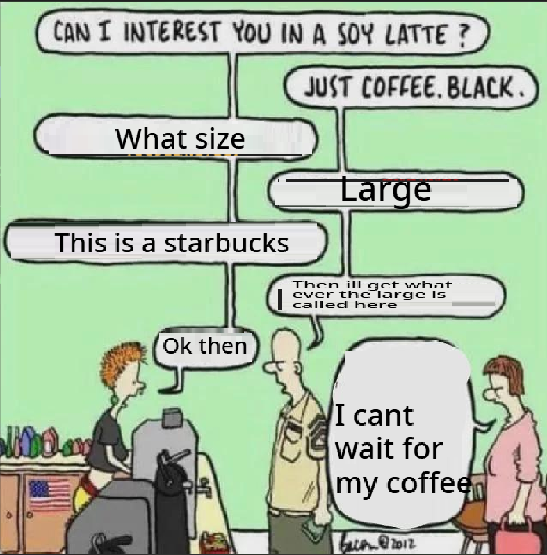 CAN I INTEREST YOU IN A SOY LATTE? What size JUST COFFEE. BLACK. Large This is a starbucks Then ill get what ever the large is called here Moda Ok then I cant wait for my coffee bacon@2012