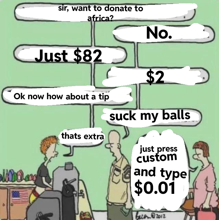 An edit of the Just Coffee Black meme. The edit is about donating money to Africa.