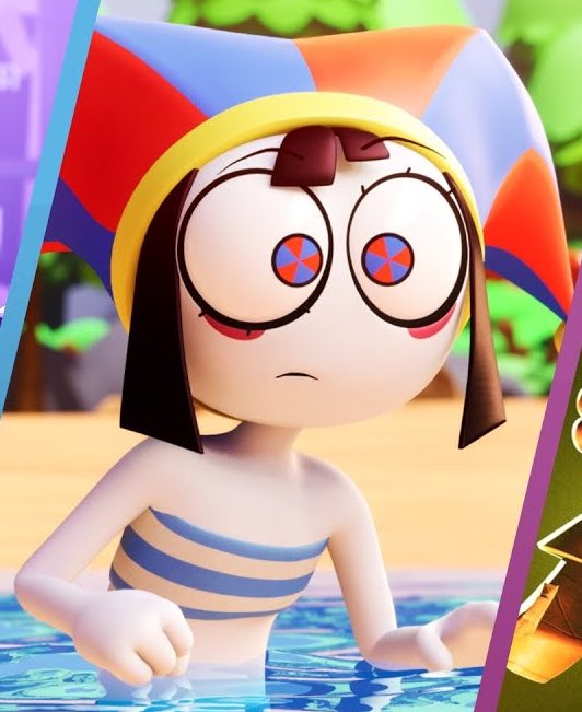 An image of Pomni from The Amazing Digital Circus. In the image she is wearing a bikini and is in the ocean at the beach.