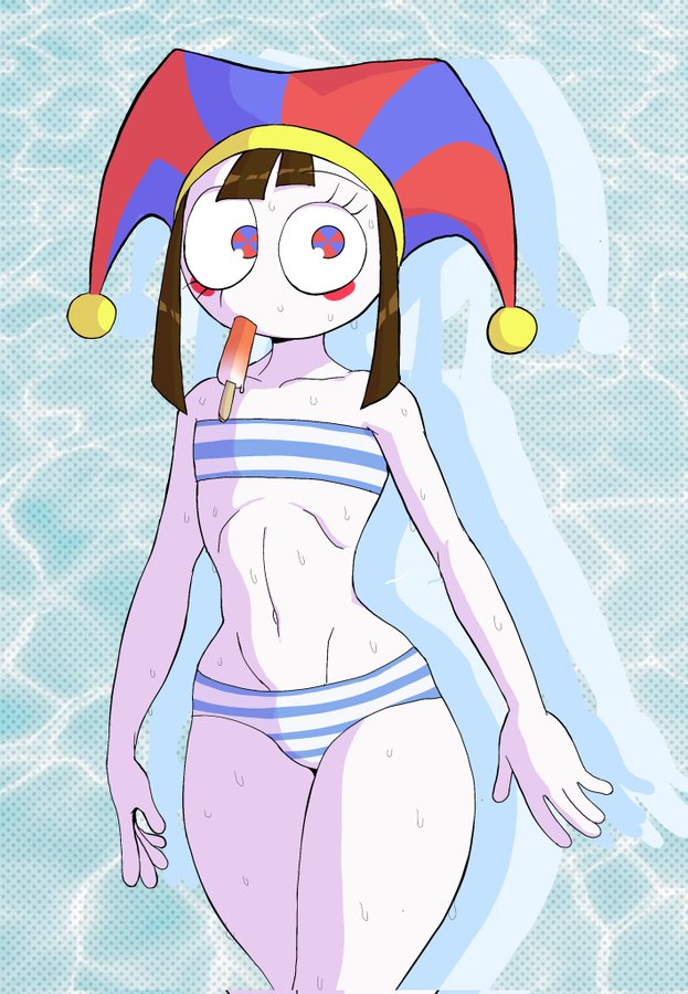Art by newnerevar. The art shows Pomni in a bikini with a popsicle.