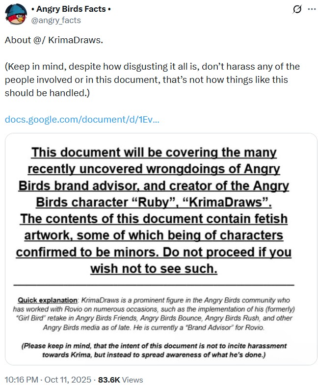 An X post by angry_facts. The post calls out KrimaDraws for allegedly drawing karate fetish art.