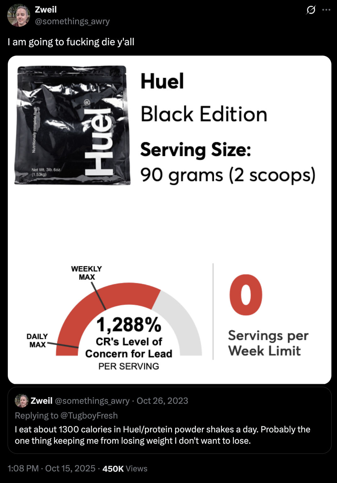 X user @somethings_awry tweeted, "I am going to f------ die y'all," in response to learning that Huel Black had higher levels of lead per serving than recommended. 