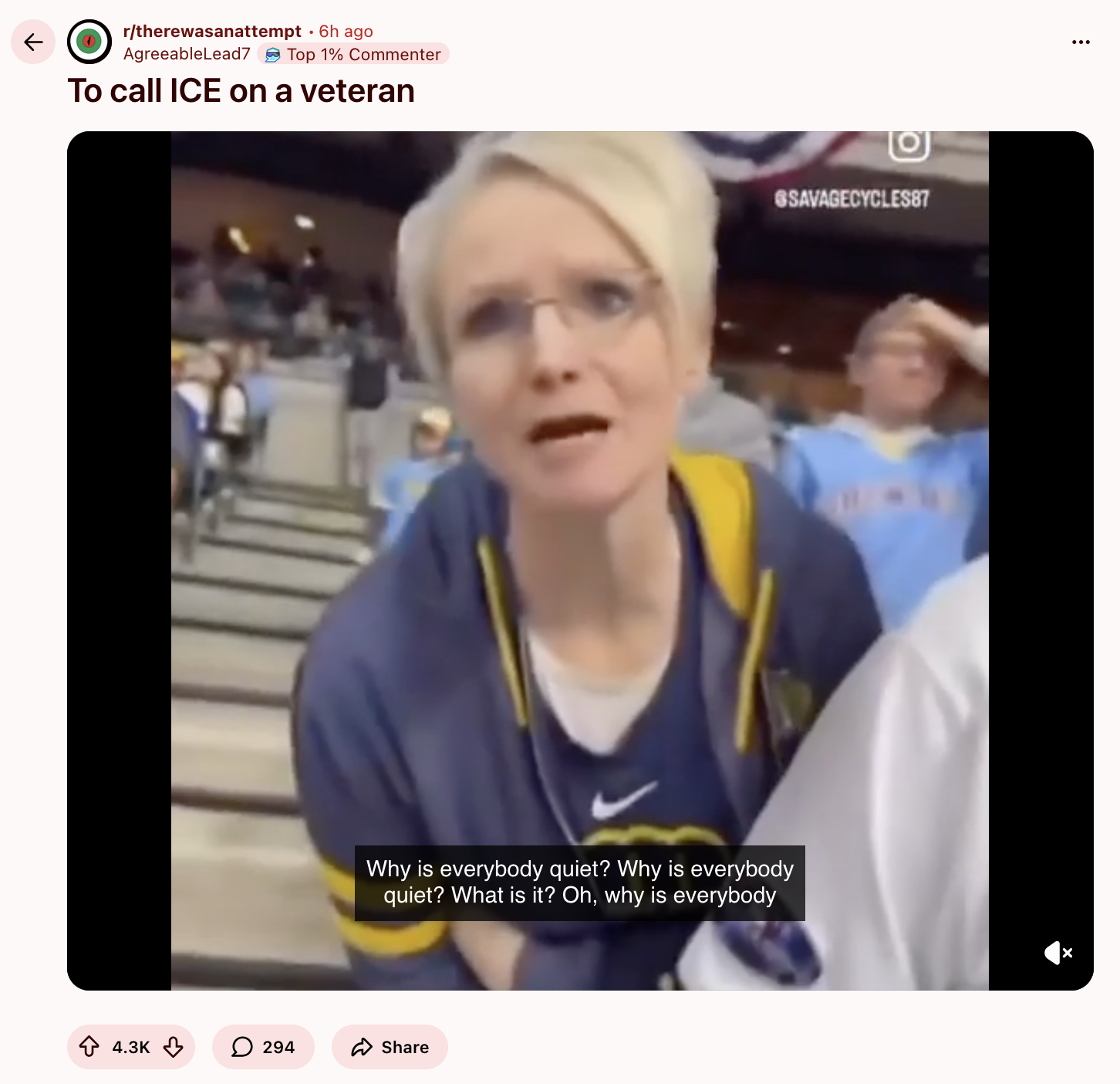 ← r/therewasanattempt • 6h ago AgreeableLead7 Top 1% Commenter To call ICE on a veteran Why is everybody quiet? Why is everybody quiet? What is it? Oh, why is everybody 4.3K 294 ✰ Share SAVAGECYCLES87