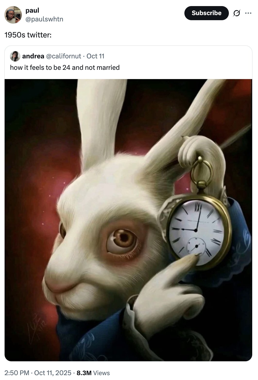 A "tweet":https://knowyourmeme.com/memes/sites/twitter-x using the White Rabbit Pointing at a Clock "image macro":https://knowyourmeme.com/memes/image-macros.