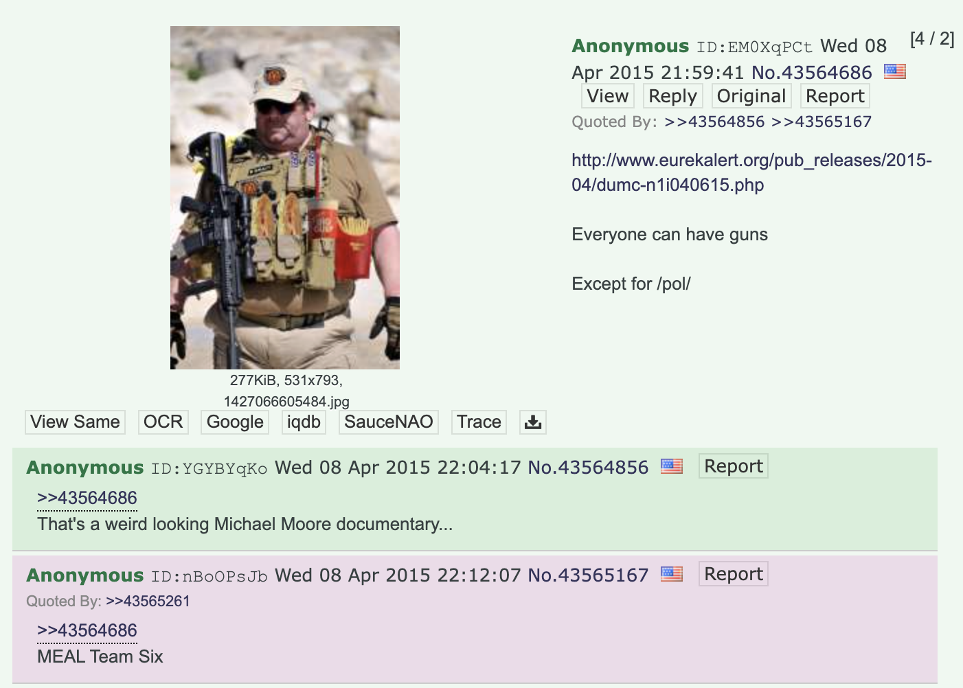 A use of the term Meal Team 6 on 4chan's /pol/ board in 2015.
