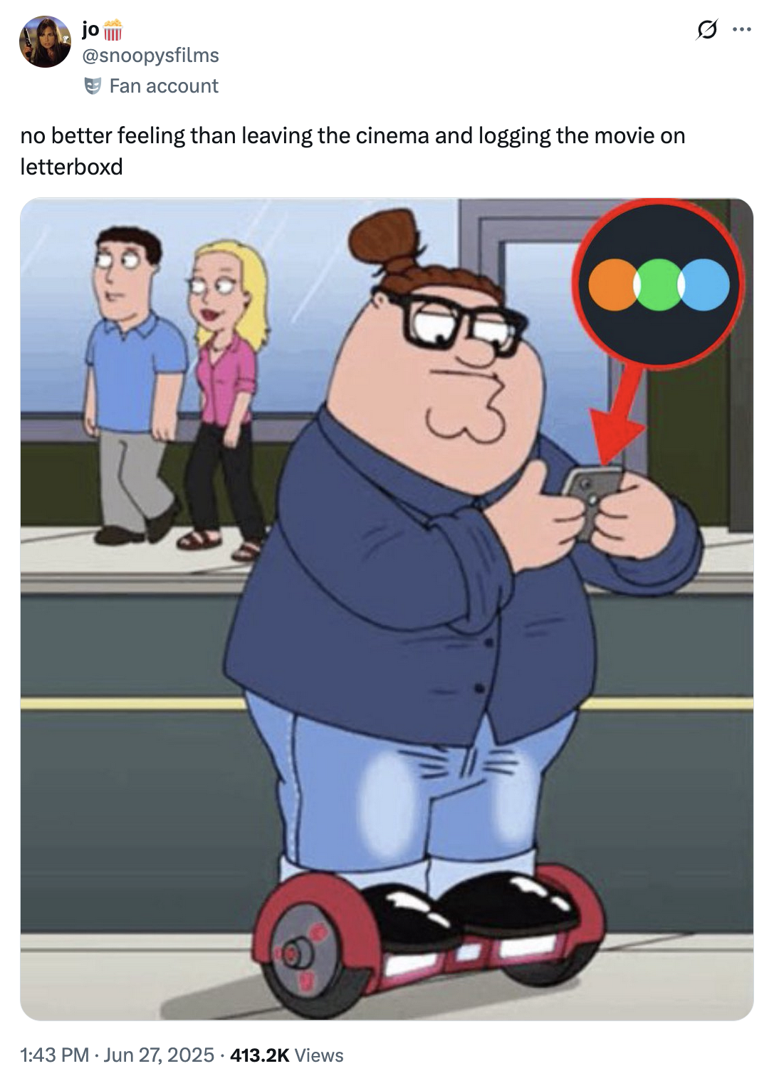 X user @snoopysfilms tweeted, "no better feeling than leaving the cinema and logging the movie on letterboxd," gathering over 20,000 likes in three months.