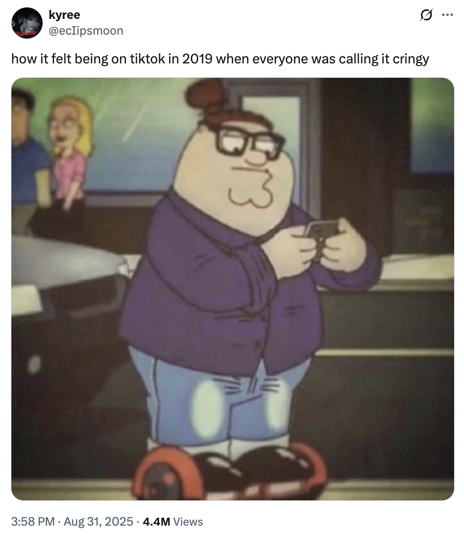 X user @ecIipsmoon tweeted, "how it felt being on tiktok in 2019 when everyone was calling it cringy."
