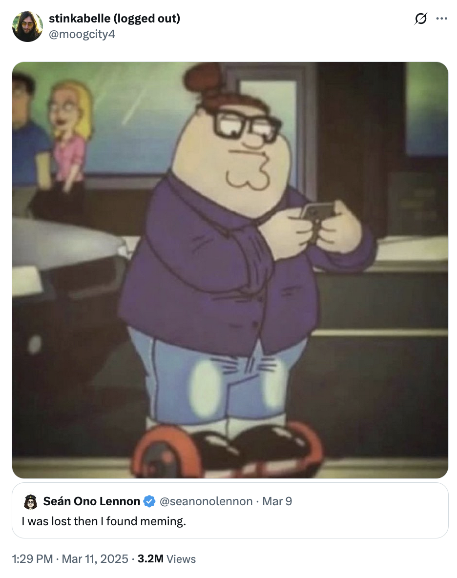 Tweet likening Sean Ono Lennon to the "Hispter Peter Griffin" meme.