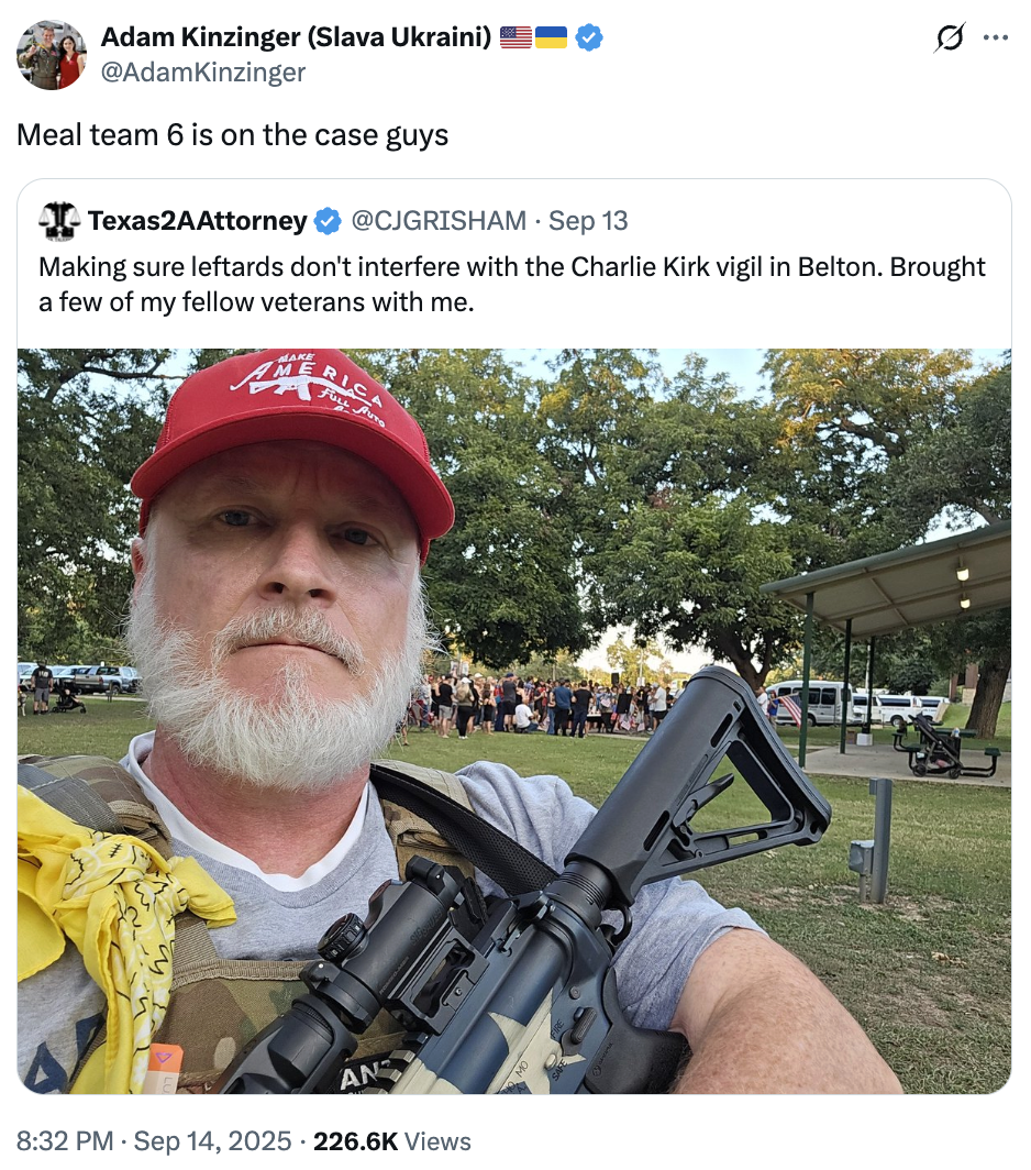 A "tweet":https://knowyourmeme.com/memes/sites/twitter-x using the "slang":https://knowyourmeme.com/memes/internet-slang term "Meal Team 6" to make fun of overweight soldiers and gun owners.