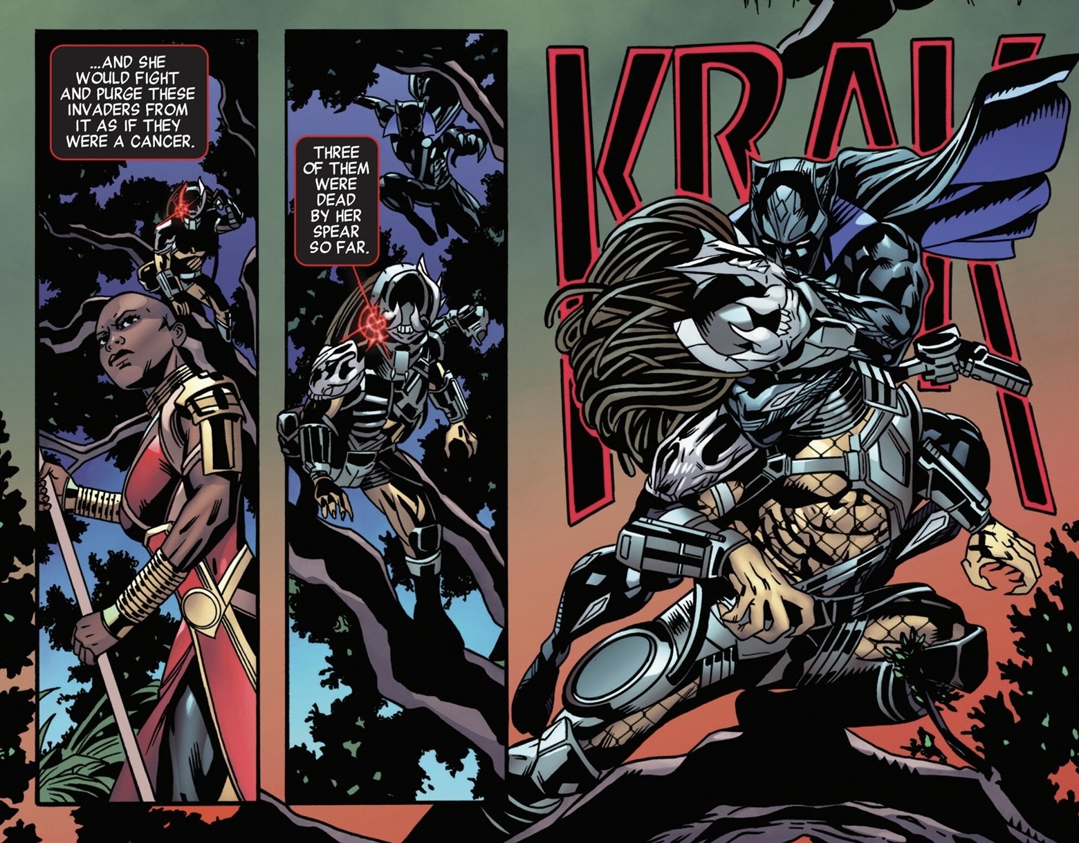 ...AND SHE WOULD FIGHT AND PURGE THESE INVADERS FROM IT AS IF THEY WERE A CANCER. THREE OF THEM WERE DEAD BY HER SPEAR SO FAR. KRA