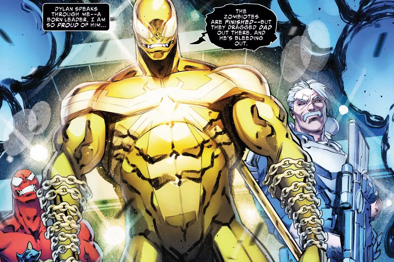 DYLAN SPEAKS THROUGH ME--A BORN LEADER. I AM SO PROUD OF HIM... THE ZOMBIOTES ARE FINISHED--BUT THEY DRAGGED DAD OUT THERE. AND HE'S BLEEDING OUT.