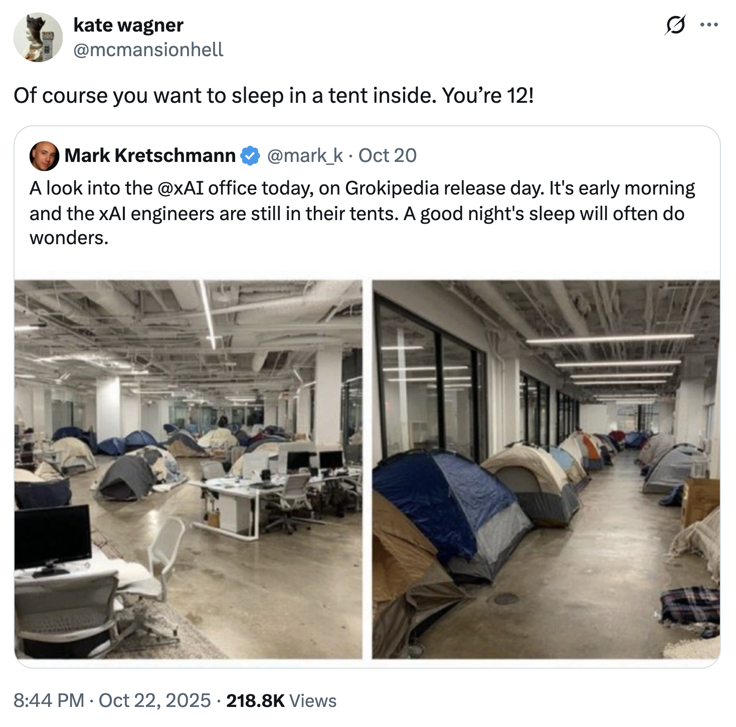A "quote-tweet":https://knowyourmeme.com/memes/quote-retweets-qrts about employees at "Twitter / X":https://knowyourmeme.com/memes/sites/twitter-x sleeping in tents at X HQ.