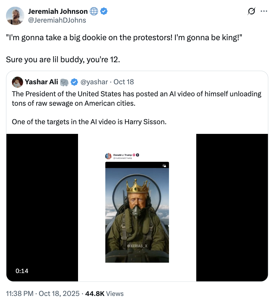 A "quote-tweet":https://knowyourmeme.com/memes/quote-retweets-qrts referencing the "Everyone is 12 Now" theory from "Bluesky":https://knowyourmeme.com/memes/sites/bluesky post from user Patrick Cosmos, concerning the "Donald Trump No Kings AI Poop Jet Video":https://knowyourmeme.com/memes/donald-trump-no-kings-ai-poop-jet-video.
