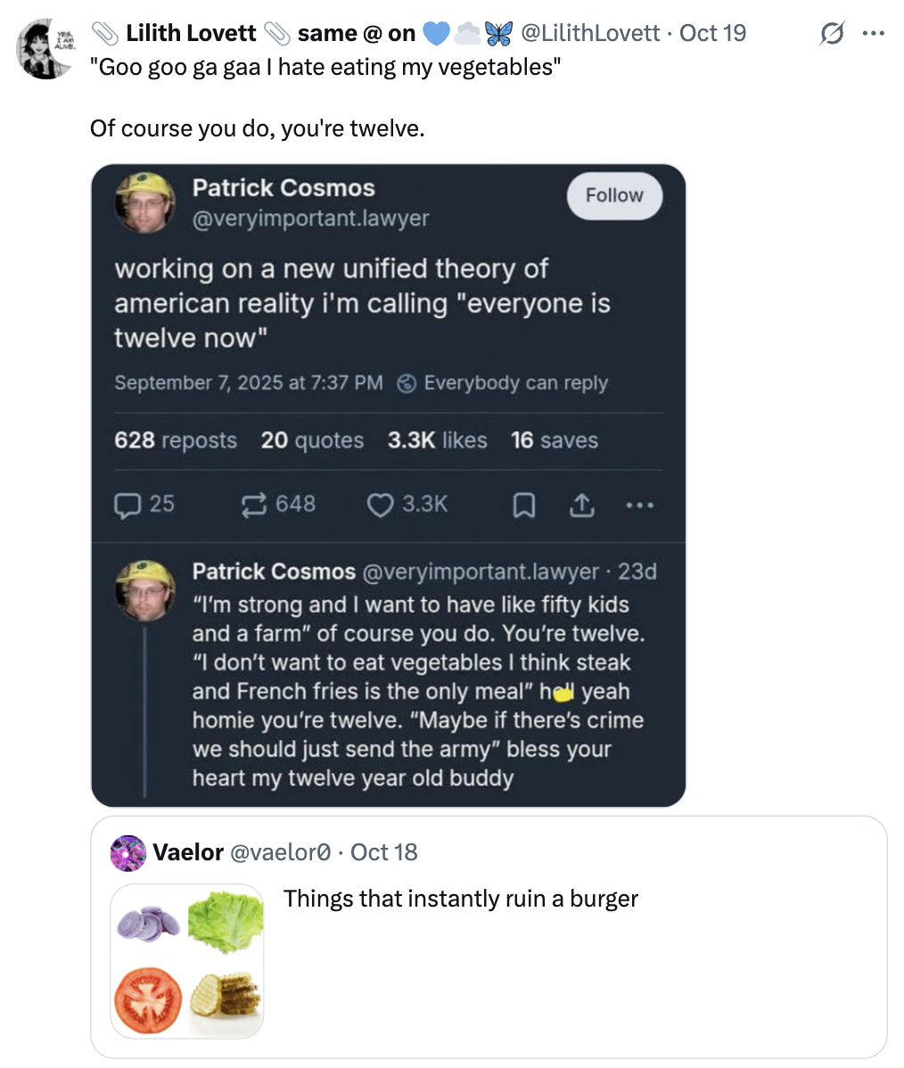 A "quote-tweet":https://knowyourmeme.com/memes/quote-retweets-qrts referencing the "Everyone is 12 Now" theory from "Bluesky":https://knowyourmeme.com/memes/sites/bluesky post from user Patrick Cosmos.