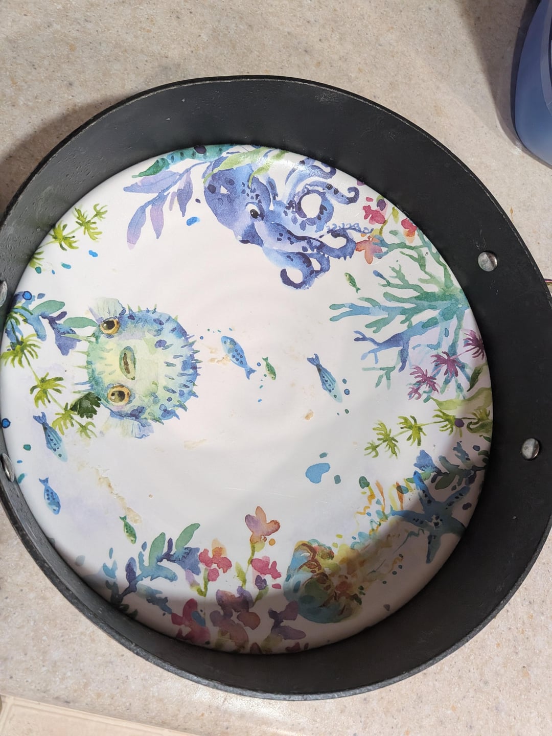 A plate got stuck in this pan