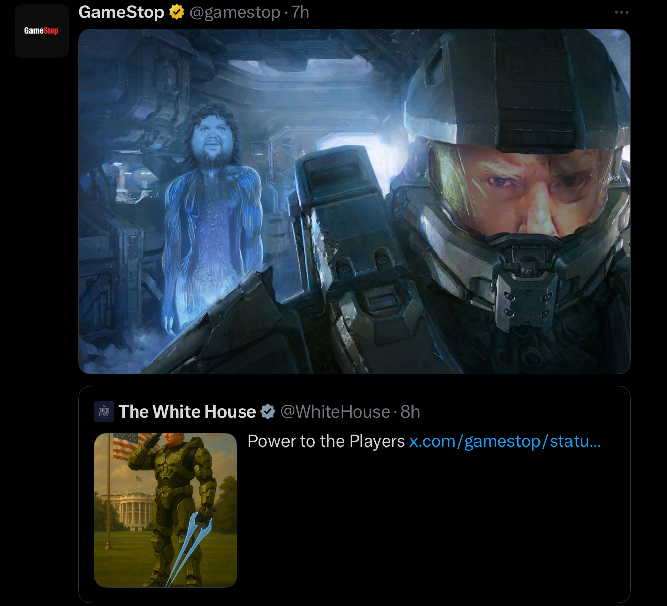 GameStop @gamestop.7h GameStop D WHITE HOUSE The White House @White House. 8h Power to the Players x.com/gamestop/statu…..