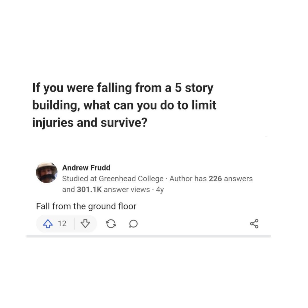 If you were falling from a 5 story building, what can you do to limit injuries and survive? Andrew Frudd Studied at Greenhead College Author has 226 answers and 301.1K answer views • 4y Fall from the ground floor 12 80