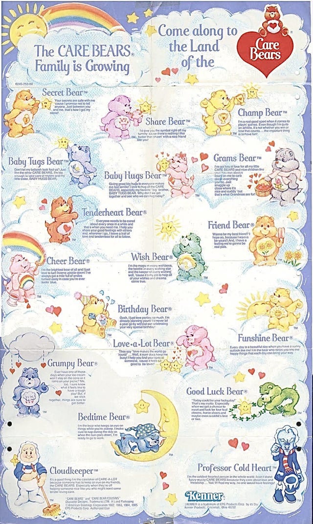 0245-259-00 The CARE BEARS. Family is Growing Secret Bear Your secrets are safe with u cause I promise not to anyone. Just between you and me, that's how i got my Come along to the Land of the Care Bears Share Bear™ Tdove you the symbol right off my tummy case there's nothing I k IM better than shan Champ Bear- I'm a real good sport when it comes to playin games. Even though fm quite aniche, not whether you win or lose that courts the important thing Mohave lunt Baby Tugs Bear Don't let my babyish look fool ya Just e the other CARE BEARS. I'm big ate sister, BABY HUGS BEAR Baby Hugs Bear Giving great big hugs to everyone makes me le lende love to hug at the CARE BEARS, especially my favente bg brother, BABY TUGS BEAR Whydong together and see who we can hug today? Tenderheart Bears Everyone needs to be cared about every once in a while and that a when you need me. I help you share your good feelings with ethers (and, wherever I go. I love a trail of love and tandonness for all to follow. Grams Bear™ rve got lots of love for all my te CARE BEARS and nice children count on me to care abosh everything snuggle up close where it's nice and cuddly 'cur that's what Grandmas are fort Friend Bearf Wanna be my best Mend hope so, because I wanna be yours! And, I have a feeling we're gonna be Cheer Bear the brightest bear of all and I just love to turn frowns upside down! I've ays got a mile full of smiles f----- away in case you're ever Wish Bear I'm the magic in every wishbone, the twinkle in every wishing star and the keeper of every wishing well, causes my job to help a of your wishes and dreams тм Grumpy Bear Ever have one of those days when your ice cream wont stay on the cone oi rains on your pene? Me 300 sure kno what feels he to have a tough day! But we stick together, things are sure to get better Birthday Bear Gosht love parties so much I'm already planning yours never let a year go by without our celebrating your very special birthday! Love-a-Lot Bears They say "love makes the world go YoundWell, sure does keep me busy! I help you find your special someone, cause it feels co Bedtime Bear Im the bear who keeps an eye on things while you're asleep. Imake y sure to rap during the dy so when the sun goes down, m ready to go to work good to be loved Funshine Bear® Every day is a beautiful day when you have a sunny outook the mem the bear who neps you and me happy things that each day can bring your way Good Luck Bear "Today could be your luckyday Thor's my mono Especially when we get a chance to meet and look for four lead, clovers, horse shoes and maybe even a l TM Cloudkeeper It's a good thing Im the caretaker of CARE-A-LOT because someone has to keep an eye on my friends the CARE BEARS Especially when they rec helping someone nice like you who might need some tender loving care Tu CARE BEARS and CARE BEAR COUSINS Cancer Designs, Trademarks (1M, Hand Packaging American Greetings Corporation 1912. 1983, 1984, 195 CPG Products Corp Authored User Professor Cold Heart TM The coldest hearted person in the whole world. I cant stand uzzy wuzzy CARE BEARS because they care about love and breadship Yuk! I had my way, no one would have feelings! Kenner KENNER is a trademark of CPG Products Cera by its Dy Kemer Product 45200 ITM