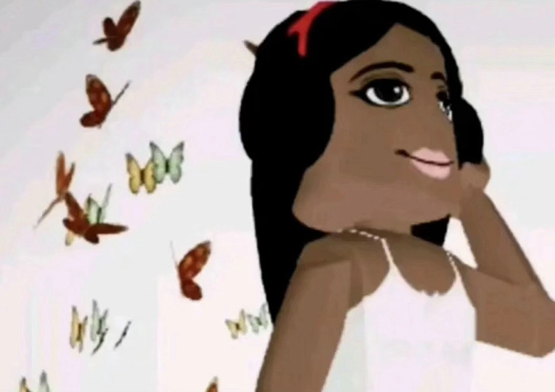 An "exploited":https://knowyourmeme.com/memes/exploitables "reaction image":https://knowyourmeme.com/memes/reaction-images version of the Girl With Headphones "meme":https://knowyourmeme.com/memes/memes, showing her as a "_Roblox_":https://knowyourmeme.com/memes/subcultures/roblox character.