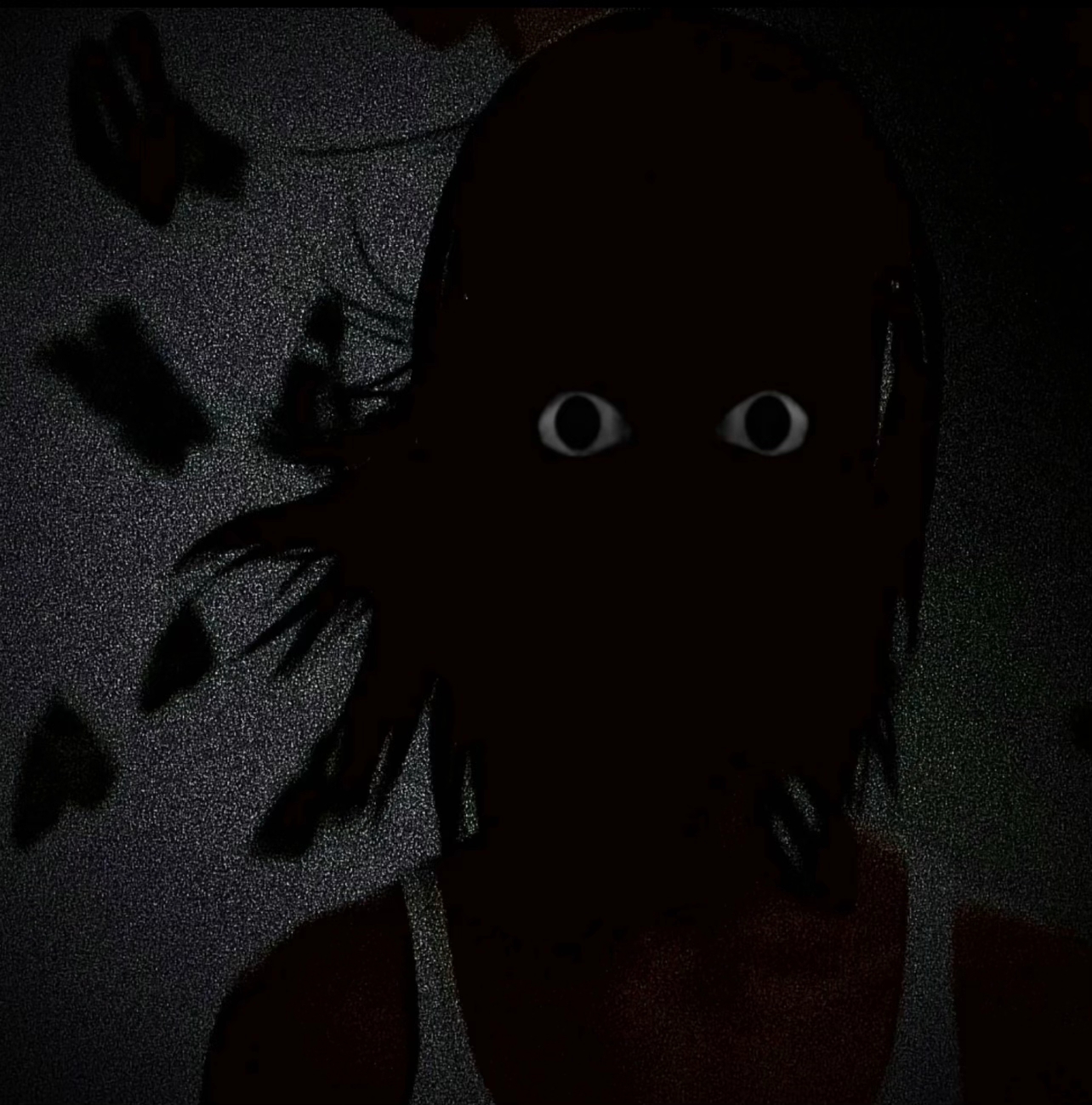 An "exploited":https://knowyourmeme.com/memes/exploitables "reaction image":https://knowyourmeme.com/memes/reaction-images version of the Girl With Headphones "meme":https://knowyourmeme.com/memes/memes, showing her as a "creepypasta":https://knowyourmeme.com/memes/creepypasta character in the shadows.