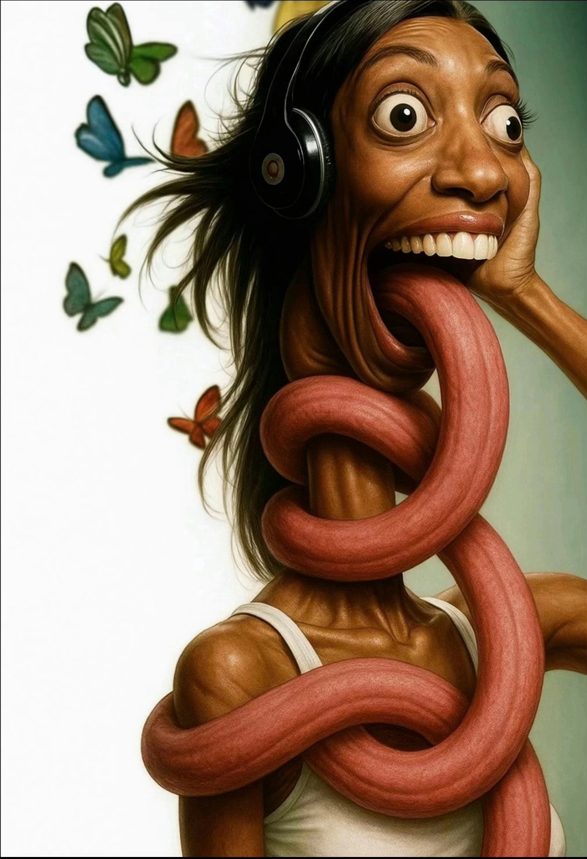 An "exploited":https://knowyourmeme.com/memes/exploitables "reaction image":https://knowyourmeme.com/memes/reaction-images version of the Girl With Headphones "meme":https://knowyourmeme.com/memes/memes, showing her with an elongated neck, popped eyes and a long tongue.