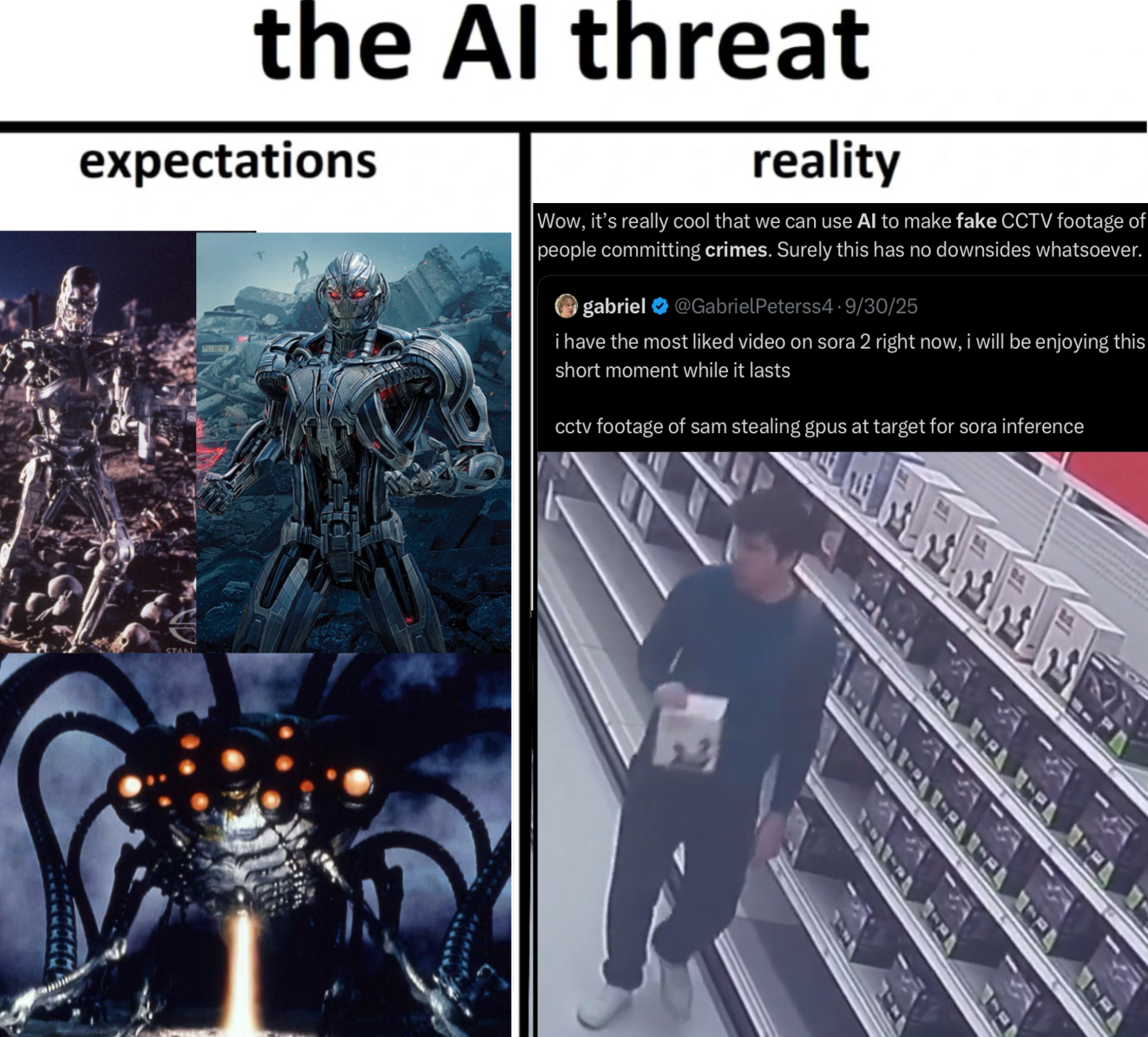 the Al threat expectations reality Wow, it's really cool that we can use Al to make fake CCTV footage of people committing crimes. Surely this has no downsides whatsoever. gabriel @GabrielPeterss4. 9/30/25 i have the most liked video on sora 2 right now, i will be enjoying this short moment while it lasts cctv footage of sam stealing gpus at target for sora inference STAN ལྐ -ལྐ -
