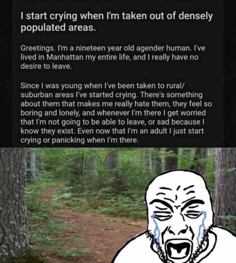 I start crying when I'm taken out of densely populated areas. Greetings. I'm a nineteen year old agender human. I've lived in Manhattan my entire life, and I really have no desire to leave. Since I was young when I've been taken to rural/ suburban areas I've started crying. There's something about them that makes me really hate them, they feel so boring and lonely, and whenever I'm there I get worried that I'm not going to be able to leave, or sad because I know they exist. Even now that I'm an adult I just start crying or panicking when I'm there. D