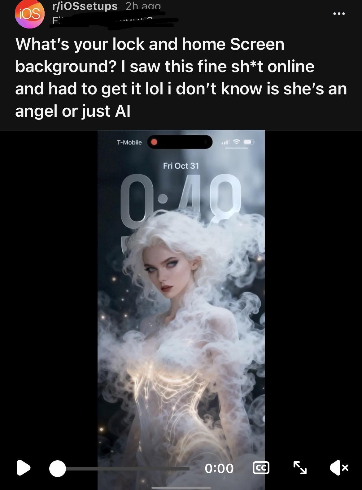 r/iOSsetups 2h ago iOS F What's your lock and home Screen background? I saw this fine sh*t online and had to get it lol i don't know is she's an angel or just Al T-Mobile Fri Oct 31 0-40 0:00