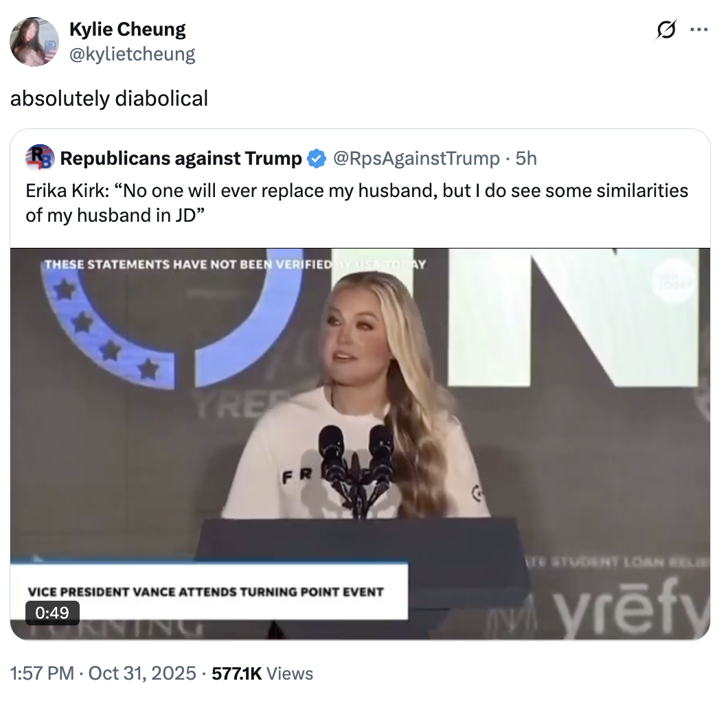 A "quote-tweet":https://knowyourmeme.com/memes/quote-retweets-qrts speculating that Erika Kirk and "U.S.":https://knowyourmeme.com/memes/cultures/united-states-of-america Vice President "J.D. Vance":https://knowyourmeme.com/memes/people/jd-vance are romantically involved or bound to be.