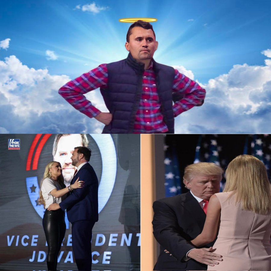 A three-panel meme showing "Charlie Kirk":https://knowyourmeme.com/memes/people/charlie-kirk looking at "J.D. Vance":https://knowyourmeme.com/memes/people/jd-vance and "Donald Trump":https://knowyourmeme.com/memes/people/donald-trump both touch his wife Erika Kirk from the afterlife, seen as "Disappointed Muhammad Sarim Akhtar":https://knowyourmeme.com/memes/disappointed-muhammad-sarim-akhtar. 