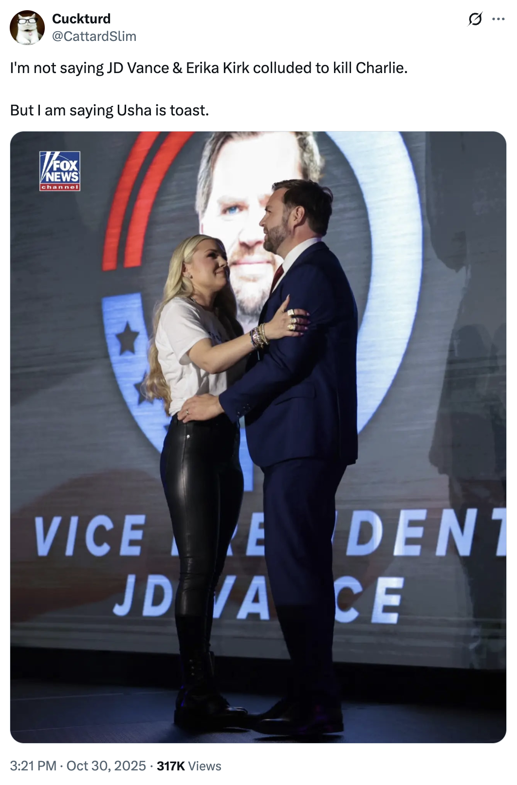 A viral "tweet":https://knowyourmeme.com/memes/sites/twitter-x speculating that Erika Kirk and "U.S.":https://knowyourmeme.com/memes/cultures/united-states-of-america Vice President "J.D. Vance":https://knowyourmeme.com/memes/people/jd-vance are romantically involved or bound to be.