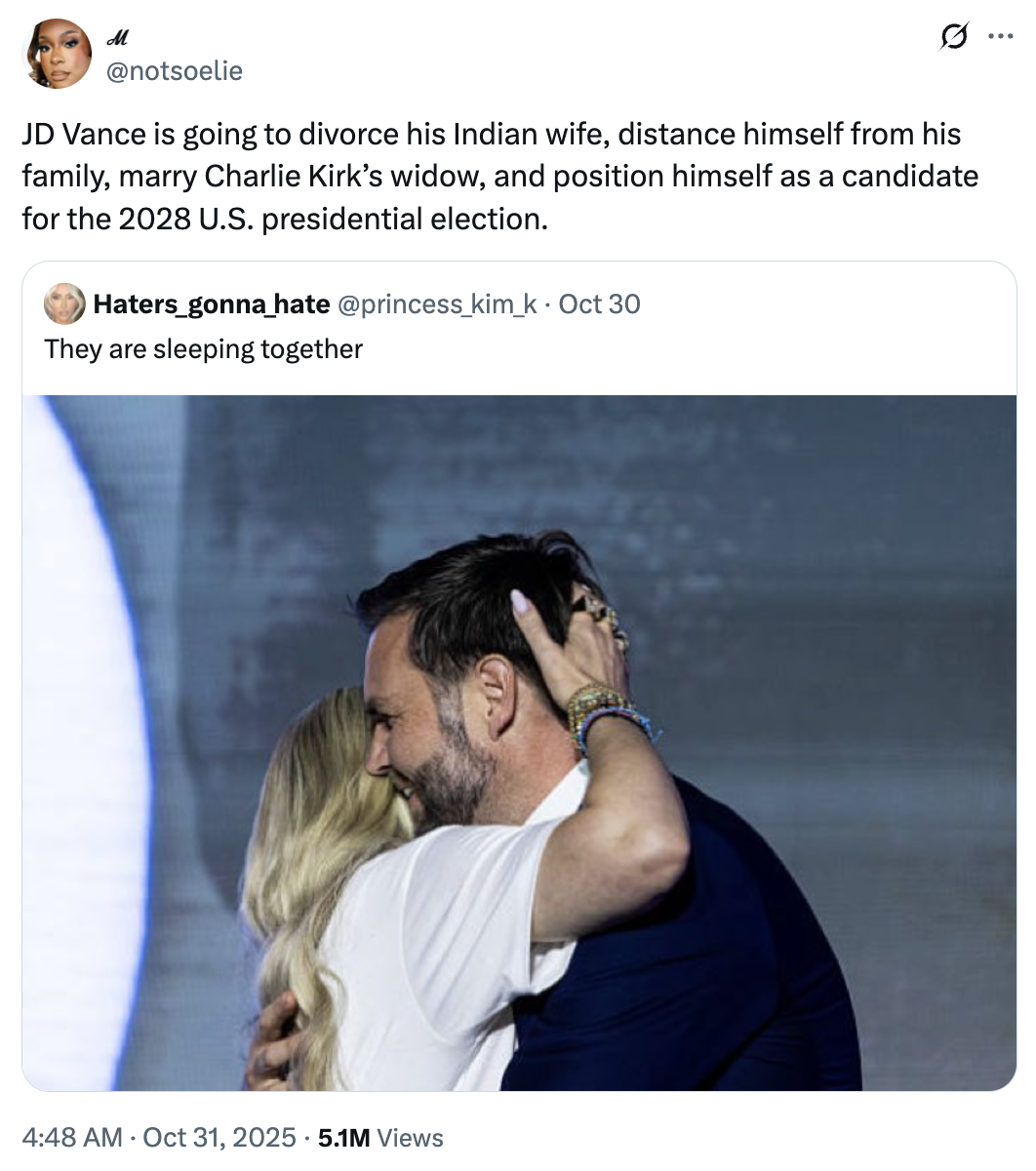 A viral "tweet":https://knowyourmeme.com/memes/sites/twitter-x speculating that Erika Kirk and "U.S.":https://knowyourmeme.com/memes/cultures/united-states-of-america Vice President "J.D. Vance":https://knowyourmeme.com/memes/people/jd-vance are romantically involved or bound to be.
