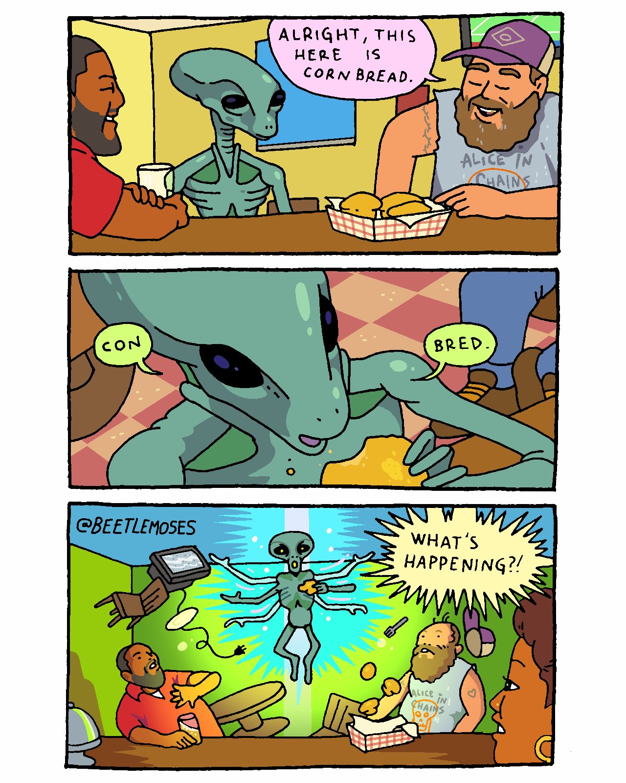 ALRIGHT, THIS HERE IS CORN BREAD. ALICE IN CHAINS CON BRED. @BEETLEMOSES W WHAT'S HAPPENING?! IN ALICE CHAINS